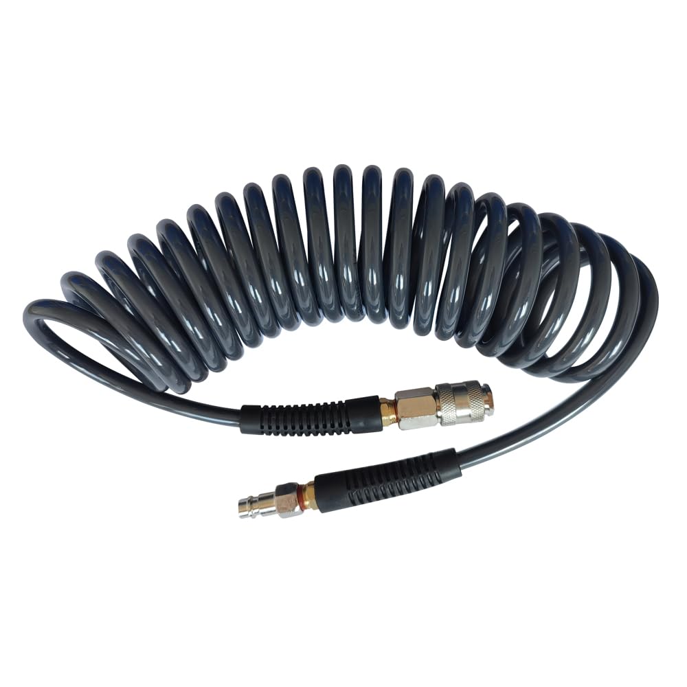 Air Compressor Hose Polyurethane(PU) Recoil Grey with 1/4" Europe Quick Coupler and Plug Fittings, 5m Length