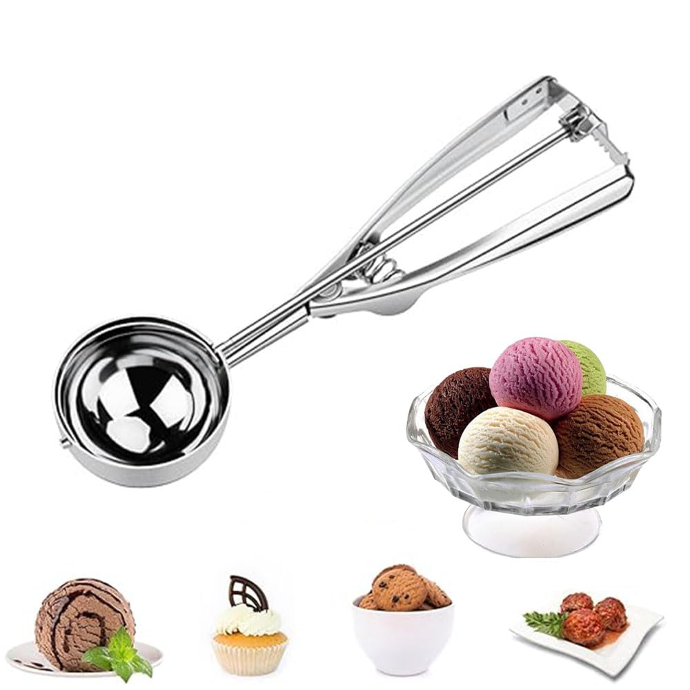 katmerio Ice Cream Scoop Stainless Steel 6 cm, Ice Cream Spoon Scoop with Trigger and Comfortable Handle for Ice Cream Ball, Mashed Potatoes, Cookies, Cakes, Dough, Baking, Melon Ball