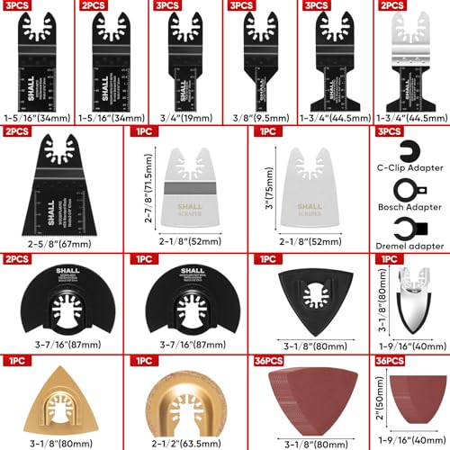 SHALL 102 Multitool Blades, Oscillating Accessory Kits for Multiple Tools, HCS and Bi-Metal Blades, Sanding Pad, Scraper, Storage Case Included