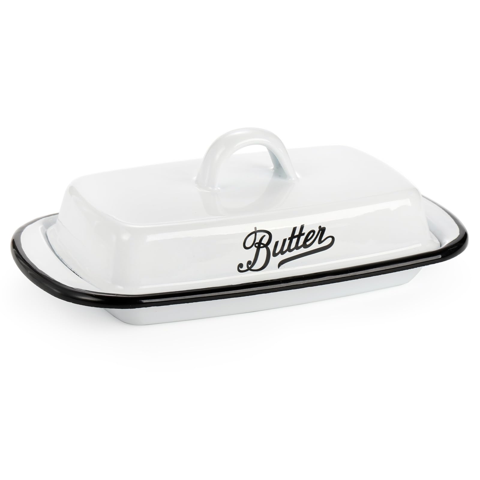 Photo 1 of Suwimut Enamel Butter Dish with Lid, Vintage Enamelware White Butter Tray Black Rim Butters Holder, Unbreakable Metal Butters Keeper Container with Cover for Countertop, Refrigerator
