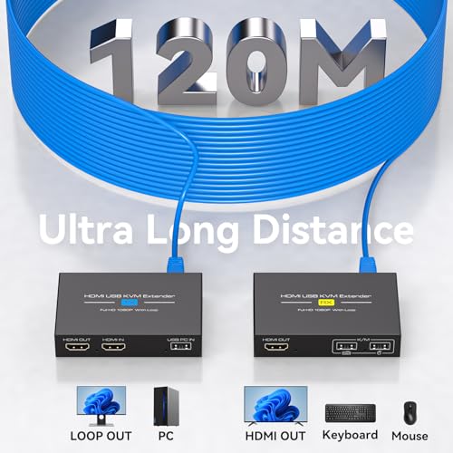 VEDINDUST HDMI KVM USB Extender 400FT 120M Extender RJ45 over Single Cat5e 6 7 Full HD 1080P60HZ Support EDID Cyclic Output for Mouse and Keyboard Remote Control