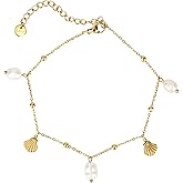Dainty Anklets for Women, Gold Shell Pearl Charm Ankle Bracelet Trendy Non-Tarnish Adjustable Summer Beach Jewelry for Women