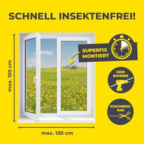 Fliegengitter für Fenster mit Magic Click | Moskitonetz individuell zuschneidbar für alle Fenster bis 150 x 130 cm | Einfache Montage mit 12 Magneten - kein Bohren oder Schrauben [Schwarz]
