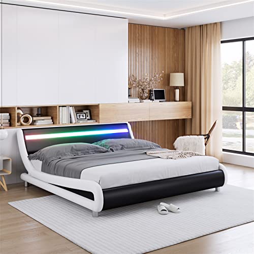 Deluxe Faux Leather Upholstered Platform Bed Frame with LED Headboard