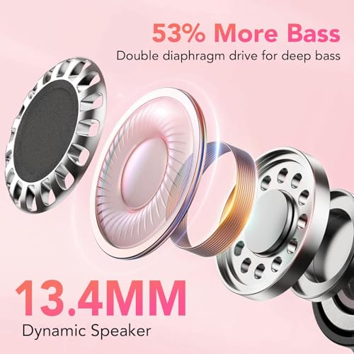QXQ New Bluetooth Headphones, Wireless Bluetooth 5.4 HiFi Stereo Headphones with 4 ENC Mic, 40H Wireless Bluetooth Headset with Screen, Wireless Earphones for Android iOS, Pure Pink