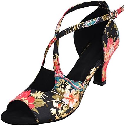 HXYOO Indoor Dance Shoes Women for Latin Ballroom Salsa Floral Satin 3" 2.5" 2" Heel