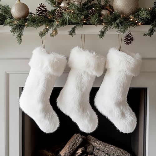 AOGU 3 Pack 18 Inch Snowy White Christmas Stockings Faux Fur Xmas Christmas Stockings Hanging Ornaments Candy Gift Bags for Christmas Decorations