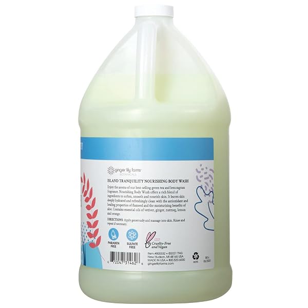 GINGER LILY FARMS BOTANICALS NOURISHING BODY WASH, ISLAND TRANQUILITY, 100% VEGAN & CRUELTY-FREE, GREEN TEA LEMONGRASS SCENT, 1 GALLON REFILL (128 FL. OZ.)