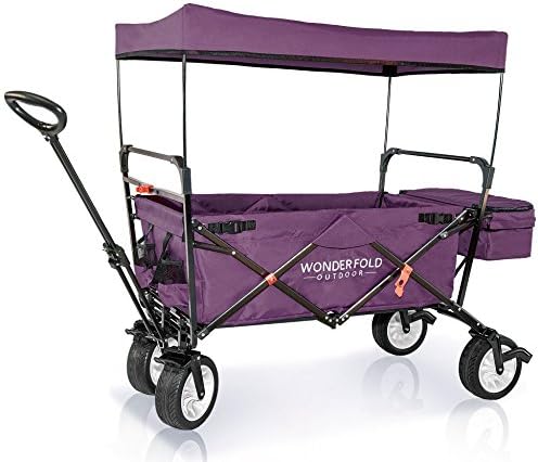 WonderFold Outdoor High-End New Generation Utility Folding Wagon with Canopy, Auto Locks, 180° Steering Telescoping Handle with Spring Bounce, EVA Wide Tire with One Pedal Brake and Stand