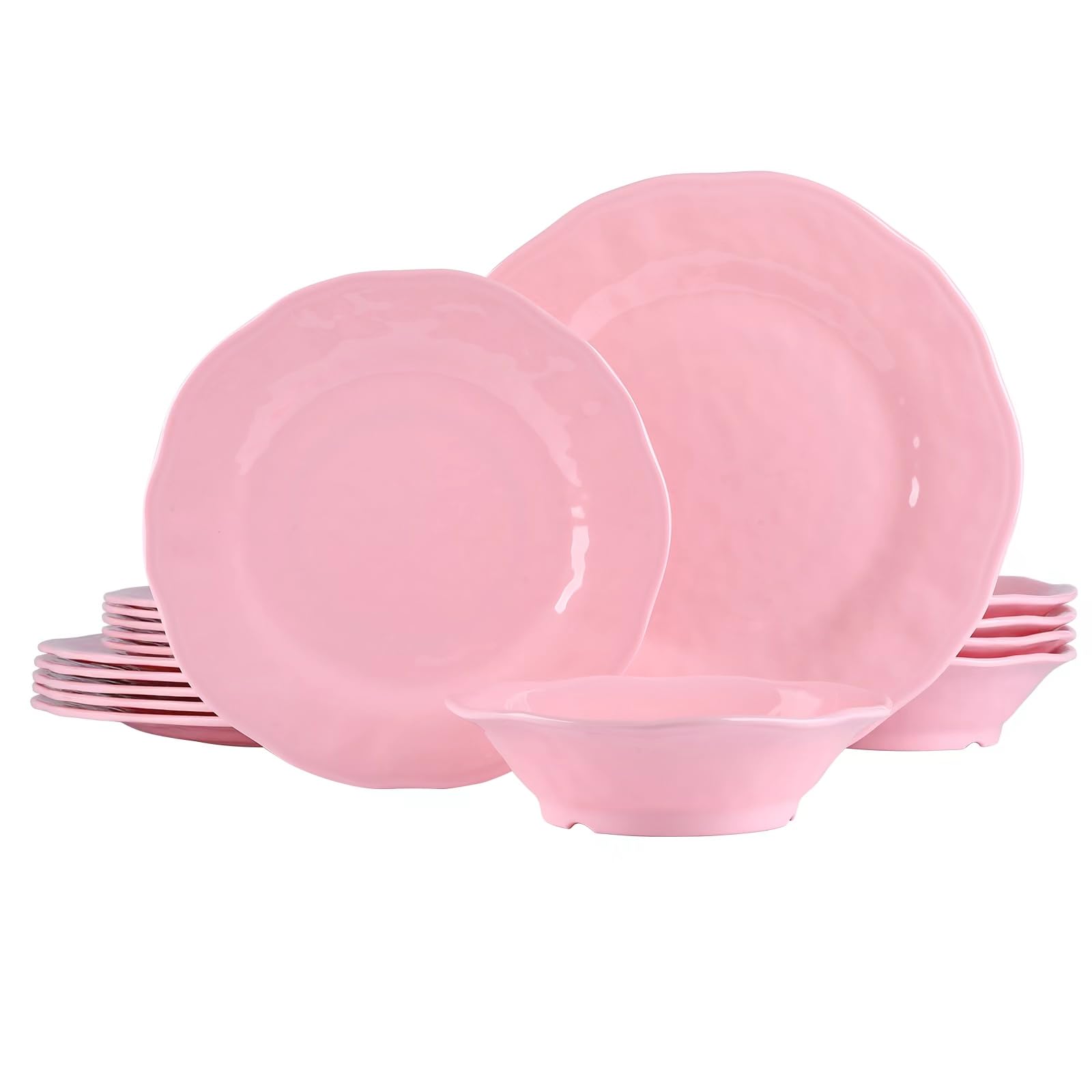 Photo 1 of ZAROCRUS 18 Piece Pink Dinnerware Set, Lightweight Kitchen Dining Plates and Bowls Set, Durable Melamine Dishes, Set of 6, Unbreakable RV Camping Dishes, Dishwasher Safe