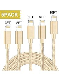 Cable Lightning MFI certificado iPhone cable de carga, paquete de 5 unidades, 35.8 in, 72.0 in, 10 pies, cable de carga rápida para iPhone, cable USB trenzado de nailon compatible con iPhone XS Max XR X 8 8P 7P 6S iPad iPod IOS (dorado)