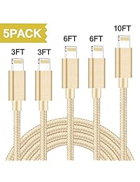 Cable Lightning MFI certificado iPhone cable de carga, paquete de 5 unidades, 35.8 in, 72.0 in, 10 pies, cable de carga rápida para iPhone, cable USB trenzado de nailon compatible con iPhone XS Max XR X 8 8P 7P 6S iPad iPod IOS (dorado)