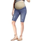Hybrid & Company Women's Maternity Denim Shorts Over The Belly Comfy Skinny Bermuda Jeans