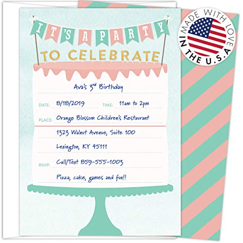 Koko Paper Co Birthday Cake Invitations. Set of 25 Fill-In Style Cards and White Envelopes. Design with Two-tiered Birthday Cake with Banner and Cake Toppers. - Thumbnail 2