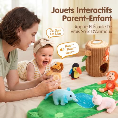 hahaland Jouet Bébé 6 Mois, Animaux Jungle en Peluche avec Sons & Mots, Coffret Maison Arbre 8 Pièces avec 6 Animaux Sonores, Tapis Sensoriel, Jouet Montessori Bébé 6-12 Mois Cadeau Bébé 1 an