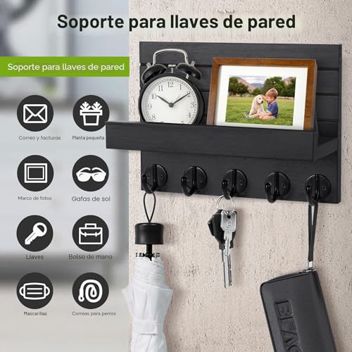 Kldgris Wooden Key Holder Wall Mounted Key Holder Wooden Key Hooks Wall Mounted Key Organizer with 5 Key Hooks for Keys Letter Newspaper (Black)