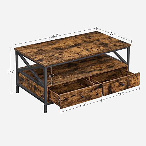 VASAGLE Coffee Table with 2 Drawers and Open Storage Shelf, 21.7 x 39.4