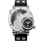 Men's Unique Analog Watch, Luxury Fashion Dress Quartz Wrist Watches with Comfortable Leather Band Large Face Dual Dial Cool Design Two Time Zone Silver