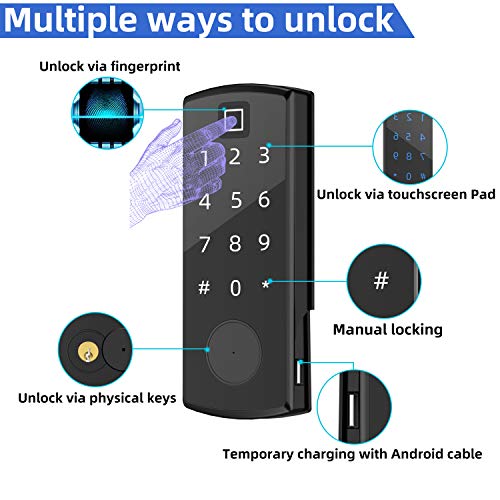 5-in-1 Fingerprint Lock, Wandwoo Smart Door Lock with Bluetooth Secure Finger ID Card Swipe Mechanical Keys Enabled Anti-peep Code Auto Lock Free APP for Home Office