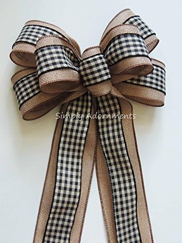 Vintage Black Check Wreath Bow Woodland Wreath Bow Rustic Burlap Black Check Wedding Pew Bow Black Cream Check Swag Bow Rustic Gift Bow