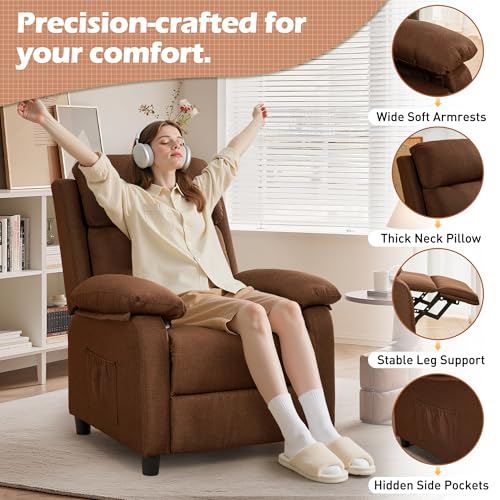 Korser Recliner Chair, Living Room Chairs for Adults, Padded Deep Seat Reading Chair with Side Pockets, Small Recliners for Small Spaces, Lounge Chair for Living Room, Bedroom, and RV (Linen)