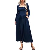 Mieazom Women's Long Sleeve Maxi Dress 2025 Fall Crewneck Knit Casual Solid Wedding Guest Flowy Long Dress with Pockets