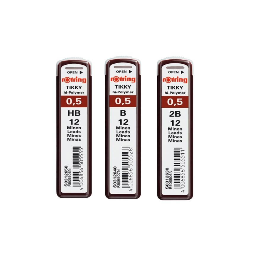 rOtring Fine Mechanical Pencil Leads Hi-Polymer 0.50mm Set (B 12, HB 12, 2B 12) Black