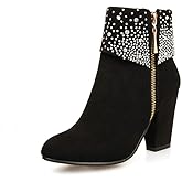 heelchic Women's Chunky High Heel Sparkle Rhinestone Ankle Boots Pointy Toe Zipper Winter Dress Short Booties