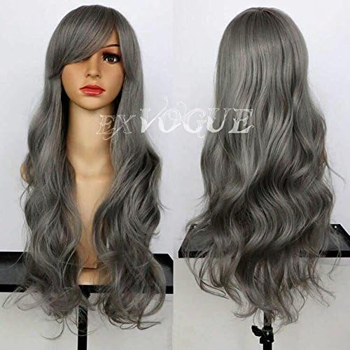 Exvogue Grey Silver Hair Wig with Side Swept Bangs Long Body Wave Capless Synthetic Gray Wigs for African American Women