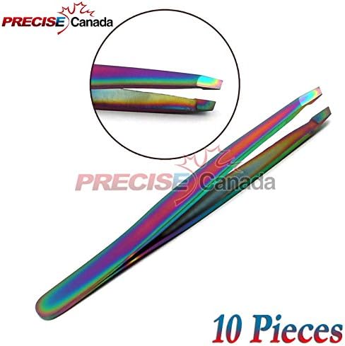 PRECISE CANADA: SET OF 10 MULTI TITANIUM COLOR RAINBOW EYEBROW TWEEZERS SLANT TIP STAINLESS STEEL
