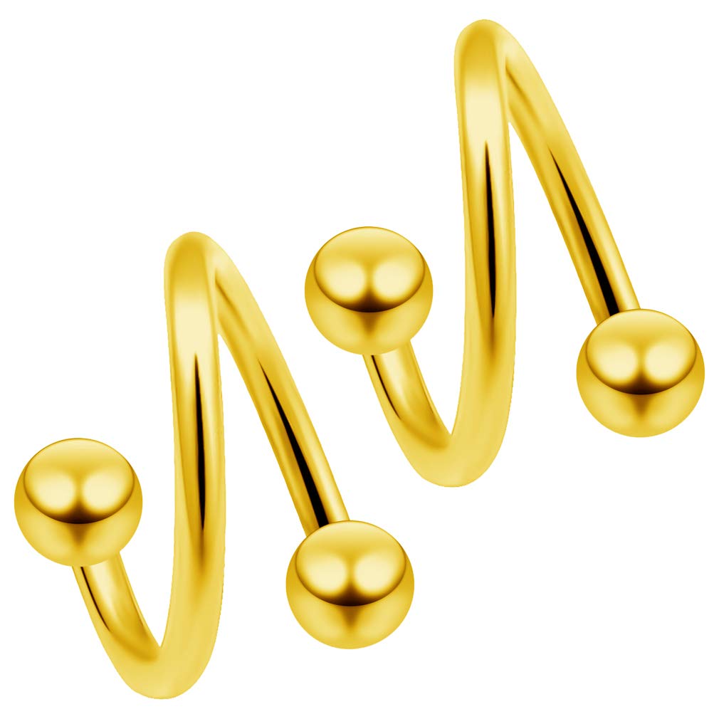Evonix 2pc Gold 1.2mm 16g Surgical Steel Twisted Barbell 4mm Ball Spiral Cartilage Earrings Lip Tragus Eyebrow Hoop Helix - 10mm