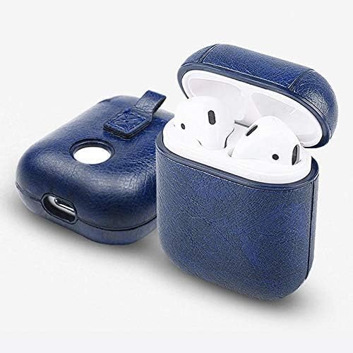 Airpods Case Cover PU Leather Blue - Protective Case Compatible with Apple Airpods 1 Wireless Charging – Metal Keychain Holder Included – Accessories Kits