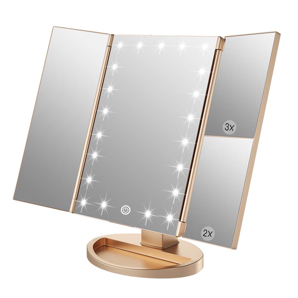 Photo 1 of WEILY Makeup Mirror with 21 LED Lights,Two Power Supply Modes, Adjustable Touch Screen and 1x/2x/3x Magnification Tri-Fold Vanity Mirror,Chargeable Travel Cosmetic Mirror for Desktop(Gold)