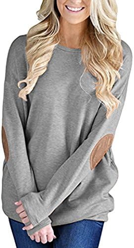 SocoToo Women Casual Long Sleeve Crewneck Elbow Patch Sweatshirt Tunic Tops, Grey, XX-Large / US18-20
