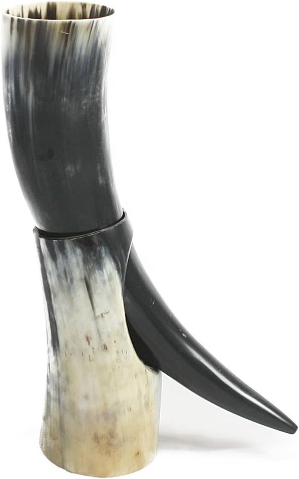 Large Natural Viking Usable Drinking Horn & Stand - Reenactment Oxhorn, Silver, holds 3/4 to a pint