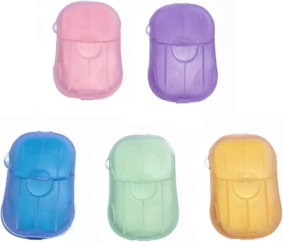 5 Set Disposable Soap Paper, Portable Hand Washing Travel Carry Mini Slice 100 Sheets with Storage Box for Kitchen Toilet Outdoor Travel Camping Hiking