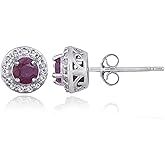 Sterling Silver Birthstone Colors Synthetic Emerald, Ruby or Sapphire & White Topaz Halo Stud Earrings