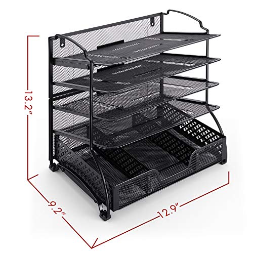 5-Tier Mesh Desk File Organizer – Vertical Letter Tray With Drawer, Black, For Office & Home