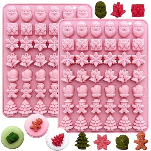 2Pcs Christmas Chocolate Molds 42-Cavity Mini Christmas Tree Holiday Silicone Candy Molds with Gingerbread Man Santa Claus Gloves Jingle Bells Gift Boxs molds for Jello Gummy Ice Cupcake Decorations
