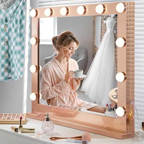 Photo 1 of YOKUKINA Vanity Mirror with Lights, 32 Inch Hollywood Lighted Makeup Mirror with 12 Dimmable LED Bulbs for Dressing Room, Tabletop, Gold