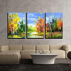 3 Piece Canvas Wall Art - The Autumn Landscape Executed by Oil on a Canvas - Modern Home Art Stretched and Framed Ready to Hang - 16"x24"x3 Panels
