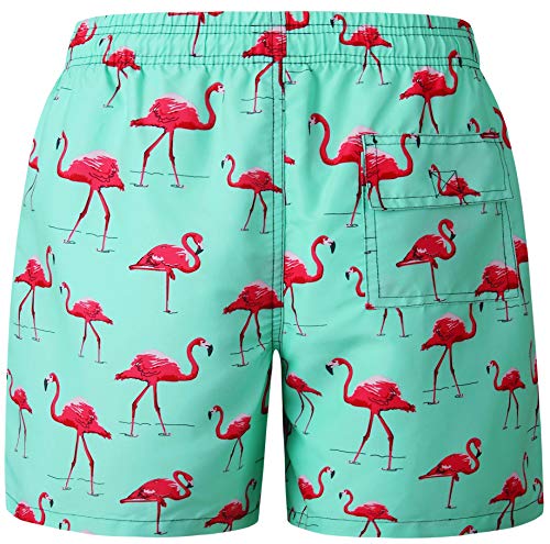 EBMORE Mens Swim Trunks Shorts Quick Dry with Pockets Mesh Lining for Beach Surfing Sport Swimming Training Fitness SPA (Waist:33"-34", Light Green Flamingo)