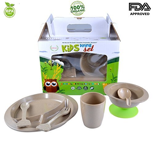 7-pieces Toddler Kids infant ORGANIC Dinnerware Including Divided Plate Spill Proof Stay Put Suction Bowl Cup Spoon Soup Spoon & Fork Eco Friendly BPA Free. Complete Dishwasher safe baby feeding set.