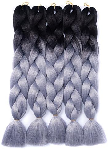 5Pcs/Lot Kanekalon Synthetic Hair Extensions Synthetic Fiber Ombre Braiding Hair Extensions 24inch (Black-Silver grey)