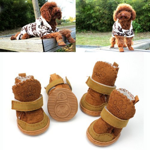 ETOPSTECH 4 Pcs Pet Dog Puppy Cotton Blend Shoes Winter Snow Warm Walking Boots Khaki New - L