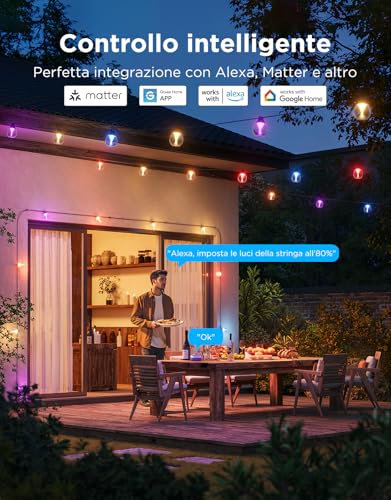 Govee Outdoor Lights, 15m Dimmable RGBWIC LED Chain Lights with 16 Million Colors and 111 Scene Modes, 80 lm for LED, 25,000 Hours Lifespan, Works with Alexa, Google Assistant, Matter