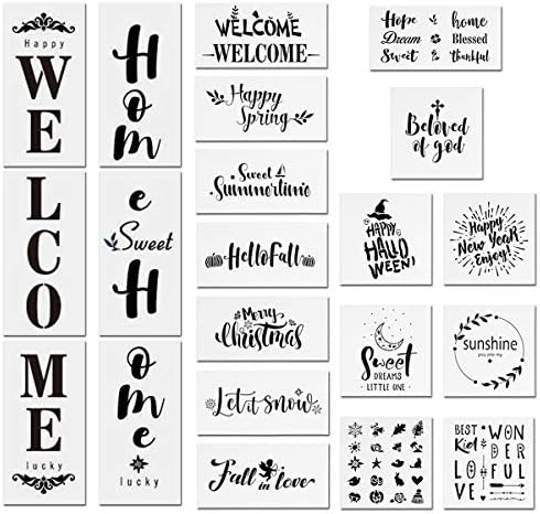 21 PCS Seasonal Welcome and Home Sign Stencils Set, 15PCS Seasonal Holiday Stencils, 3 PCS Welcome Stencils, 3 PCS Sweet Home Stencils, Reusable Templates for Painting on Wood, Art Projects Crafts (B)