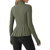 Fisoew Women's Zip Up Workout Jacket Pleated Lightweight Slim Fit Stand Collar Thumb Hole Tops with Pockets