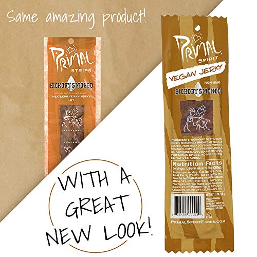 Primal Spirit Vegan Jerky - "Classic Flavor" - Hickory Smoked, 10 g. Plant Based Protein, Certified Non-GMO, No Preservatives, Sports Friendly Packaging (24 Pack, 1 oz)