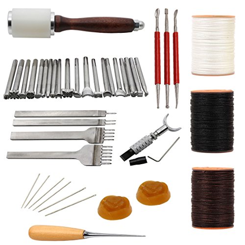AMPSEVEN 20pcs Leather Carving Working Saddle Making Tools Waxed Thread Hand Stitching Sewing Needles Hammer Swivel Knife Leather Craft Modelling Pen 4mm 1/2/4/6 Leather Prong Kit